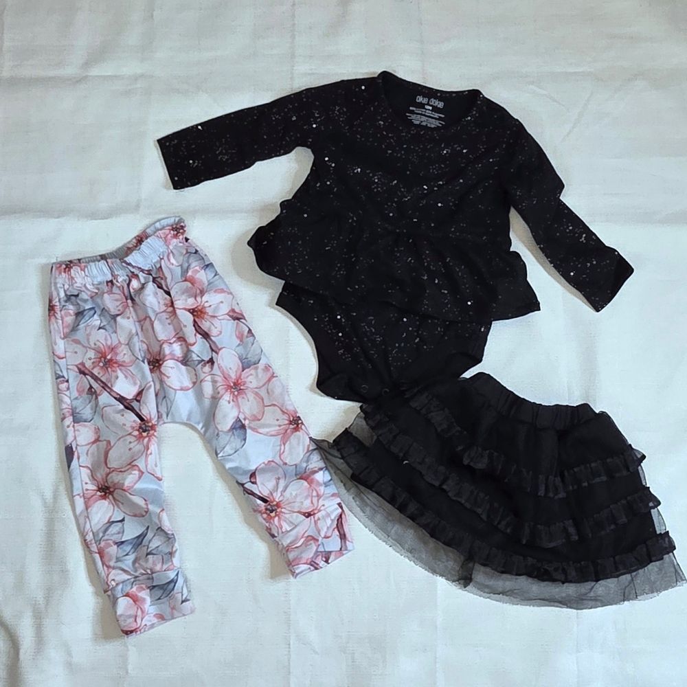 Baby Girl Outfit Black Tutu Floral Pants Size 12 Months